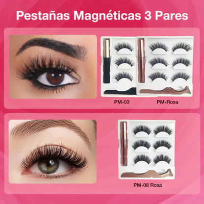 3 PARES DE PESTAÑAS POSTIZAS MAGNETICAS + DELINEADOR DE OJOS MAGNETICO